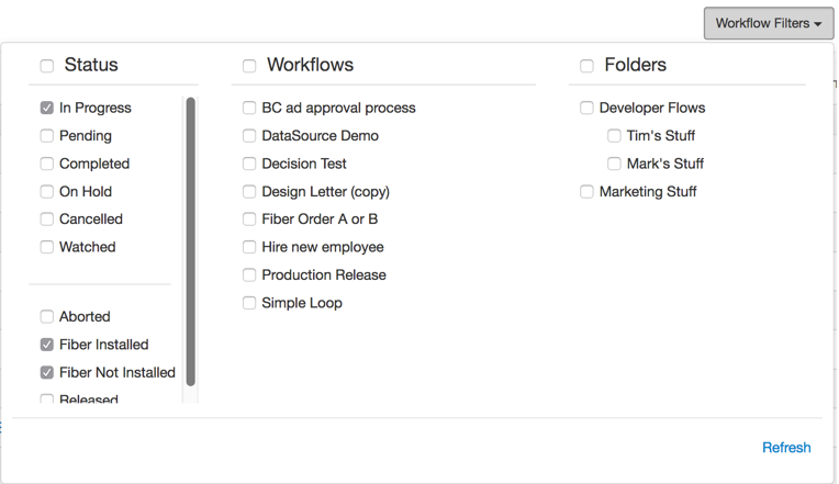 Filtered workflow list
