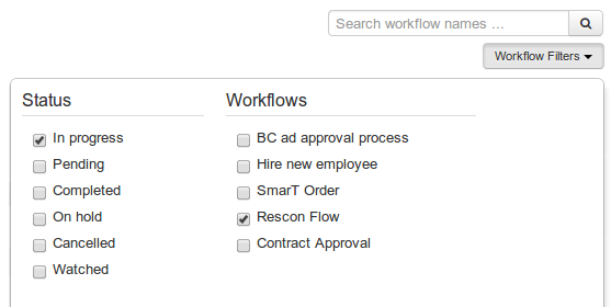 Workflow filters options